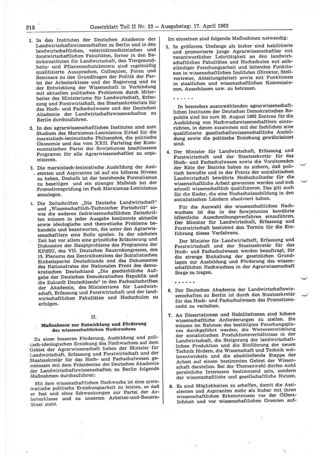 Gesetzblatt (GBl.) der Deutschen Demokratischen Republik (DDR) Teil ⅠⅠ 1962, Seite 218 (GBl. DDR ⅠⅠ 1962, S. 218)