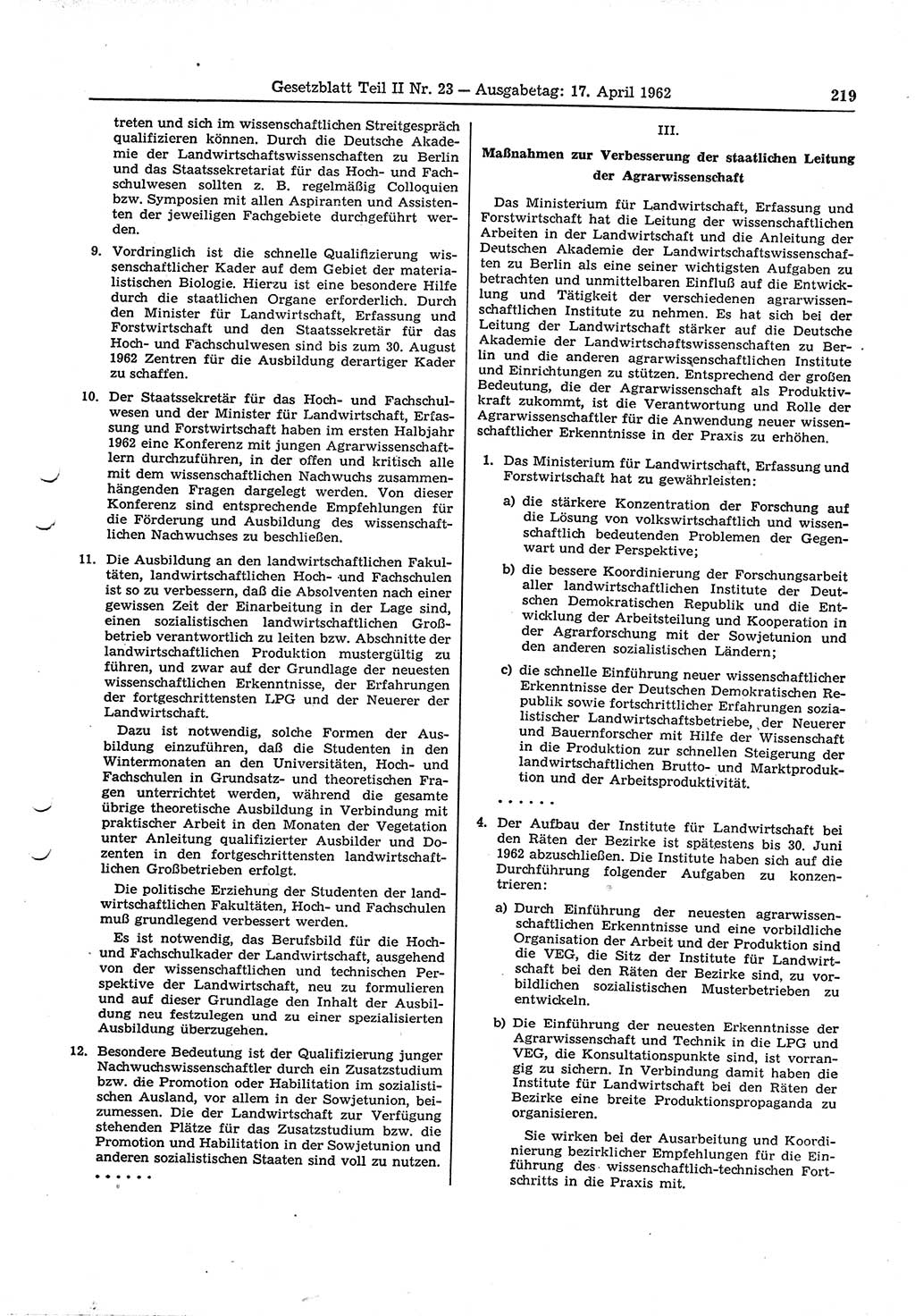 Gesetzblatt (GBl.) der Deutschen Demokratischen Republik (DDR) Teil ⅠⅠ 1962, Seite 219 (GBl. DDR ⅠⅠ 1962, S. 219)