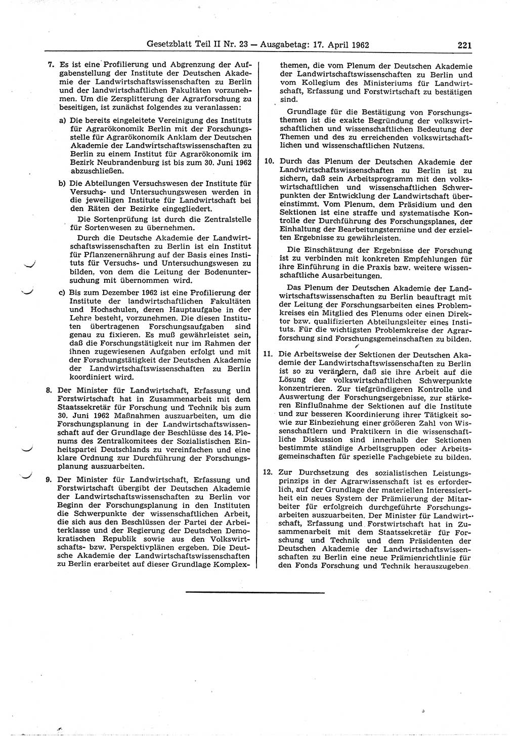 Gesetzblatt (GBl.) der Deutschen Demokratischen Republik (DDR) Teil ⅠⅠ 1962, Seite 221 (GBl. DDR ⅠⅠ 1962, S. 221)