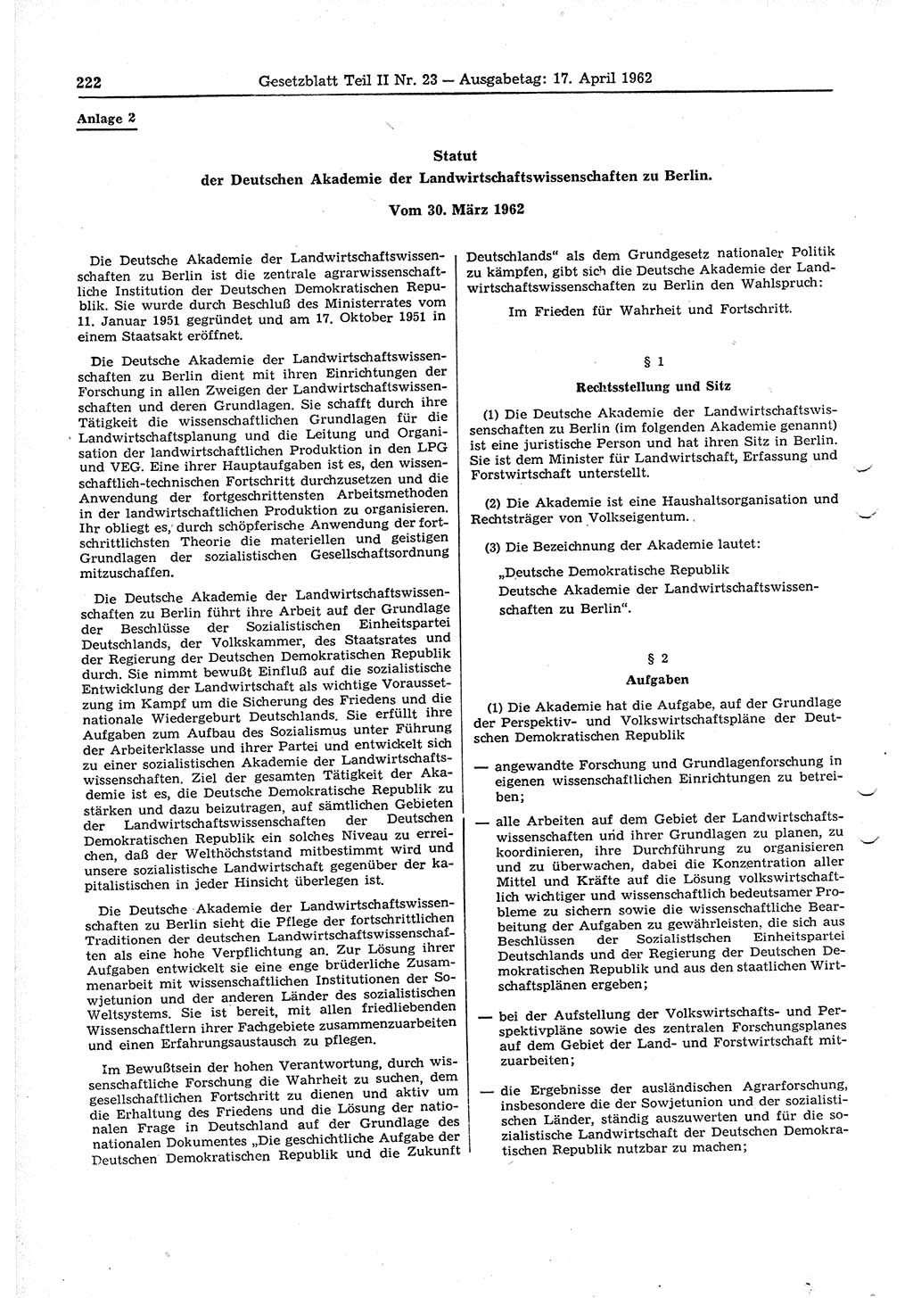 Gesetzblatt (GBl.) der Deutschen Demokratischen Republik (DDR) Teil ⅠⅠ 1962, Seite 222 (GBl. DDR ⅠⅠ 1962, S. 222)
