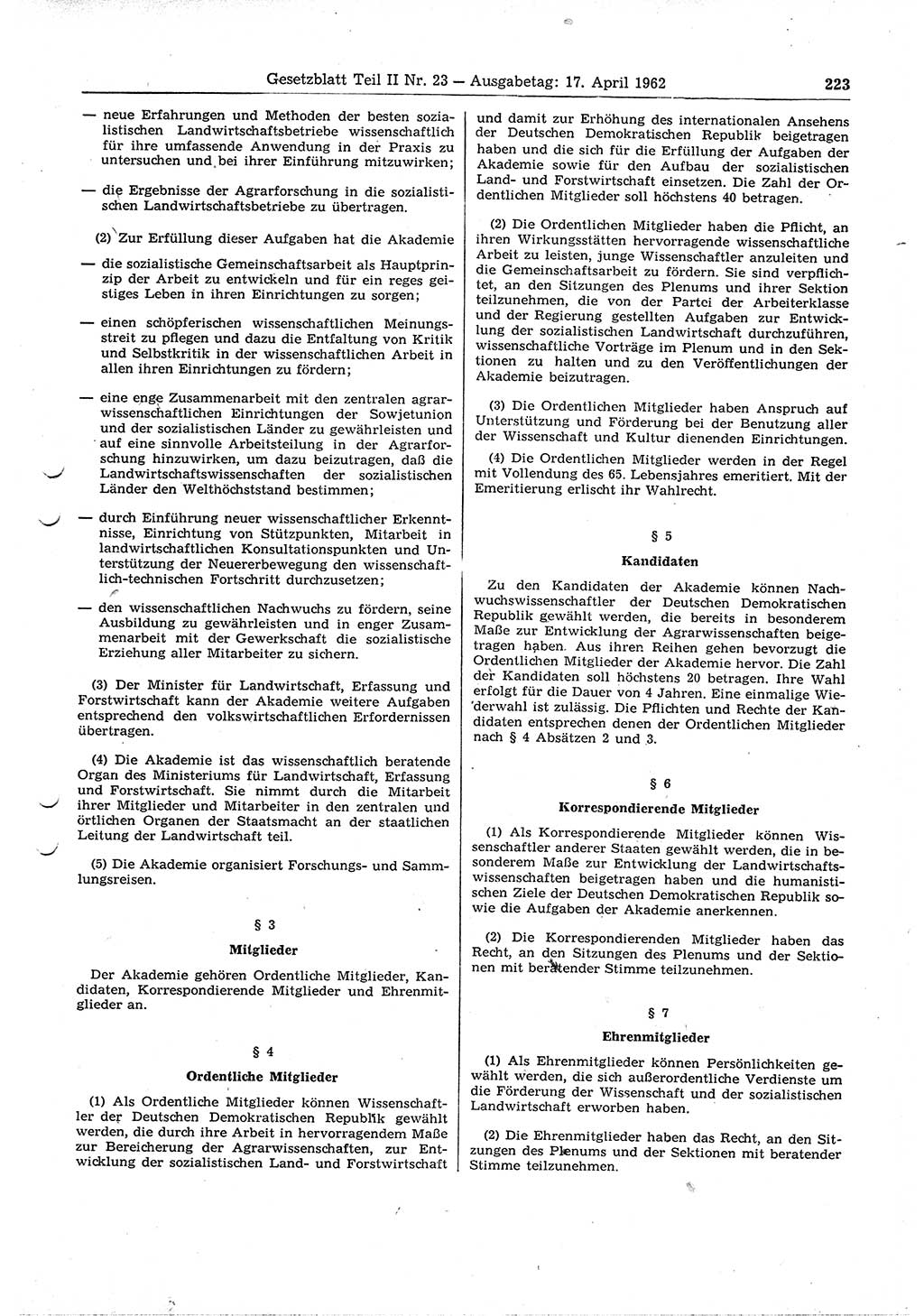 Gesetzblatt (GBl.) der Deutschen Demokratischen Republik (DDR) Teil ⅠⅠ 1962, Seite 223 (GBl. DDR ⅠⅠ 1962, S. 223)
