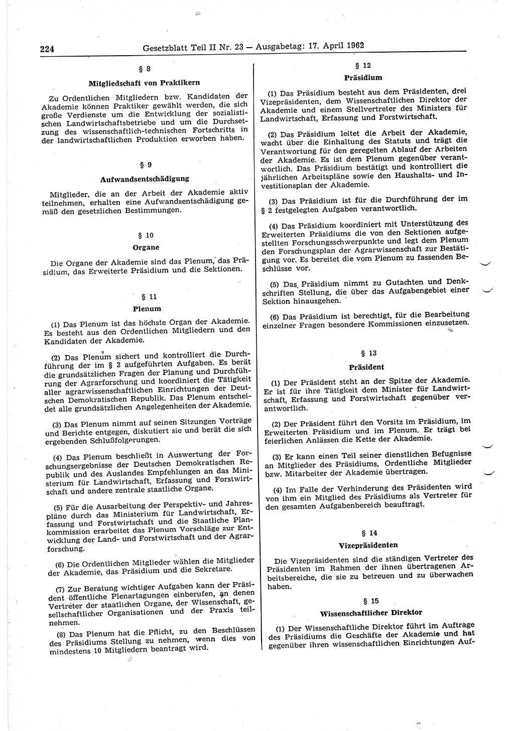 Gesetzblatt (GBl.) der Deutschen Demokratischen Republik (DDR) Teil ⅠⅠ 1962, Seite 224 (GBl. DDR ⅠⅠ 1962, S. 224)