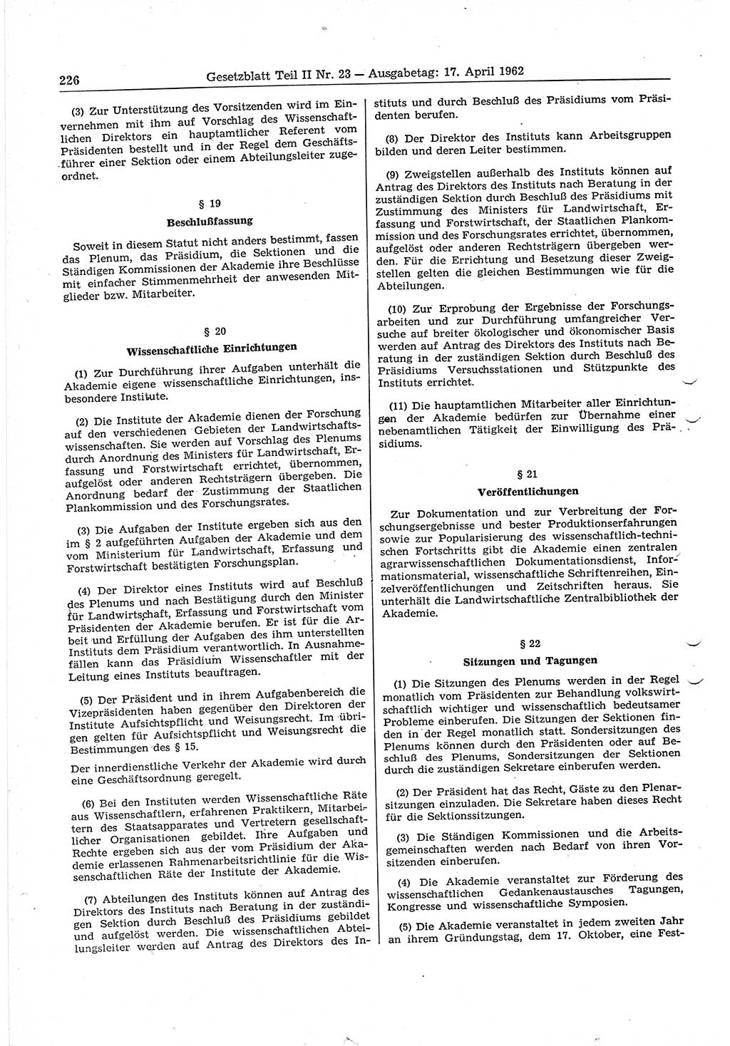 Gesetzblatt (GBl.) der Deutschen Demokratischen Republik (DDR) Teil ⅠⅠ 1962, Seite 226 (GBl. DDR ⅠⅠ 1962, S. 226)