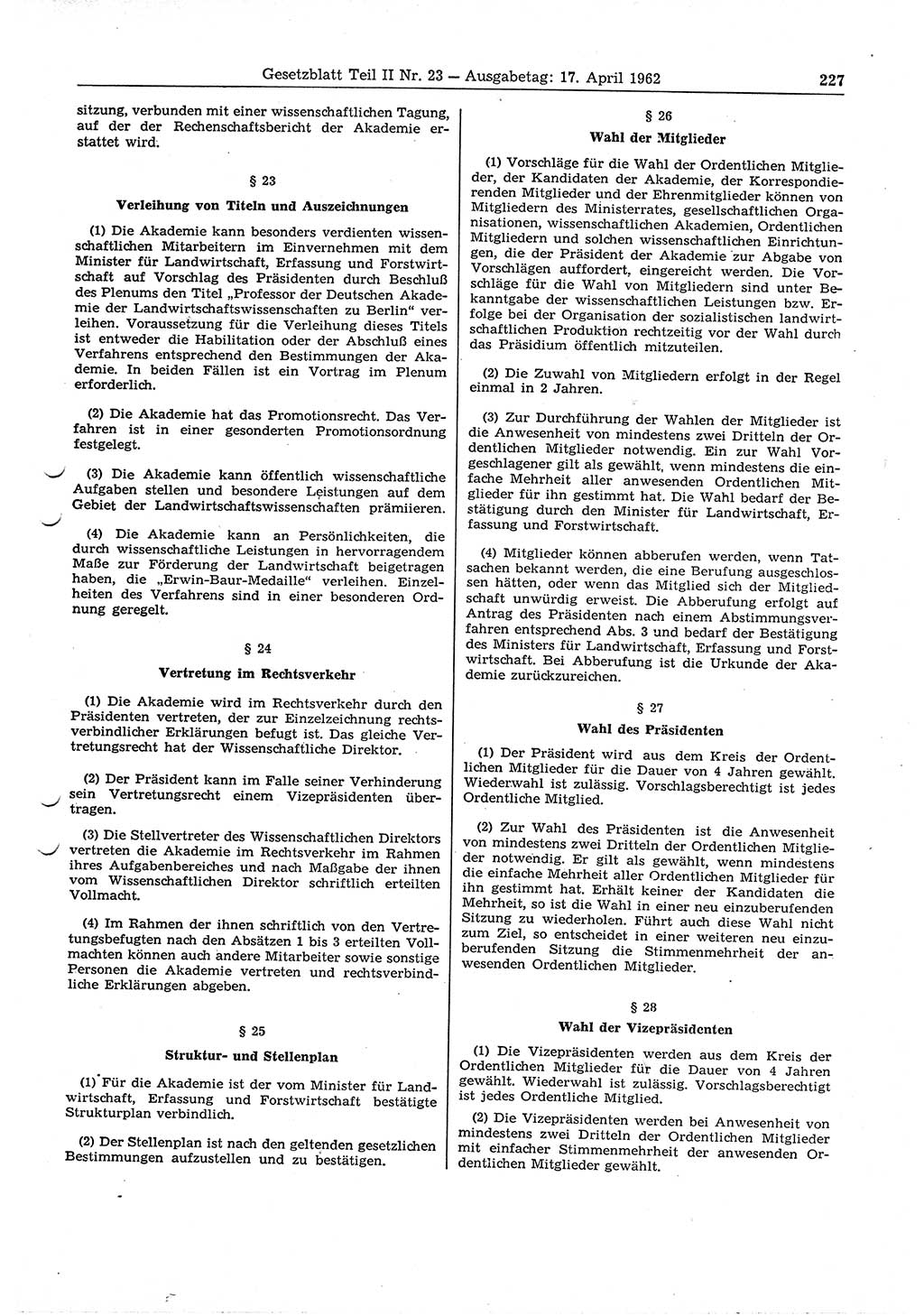 Gesetzblatt (GBl.) der Deutschen Demokratischen Republik (DDR) Teil ⅠⅠ 1962, Seite 227 (GBl. DDR ⅠⅠ 1962, S. 227)