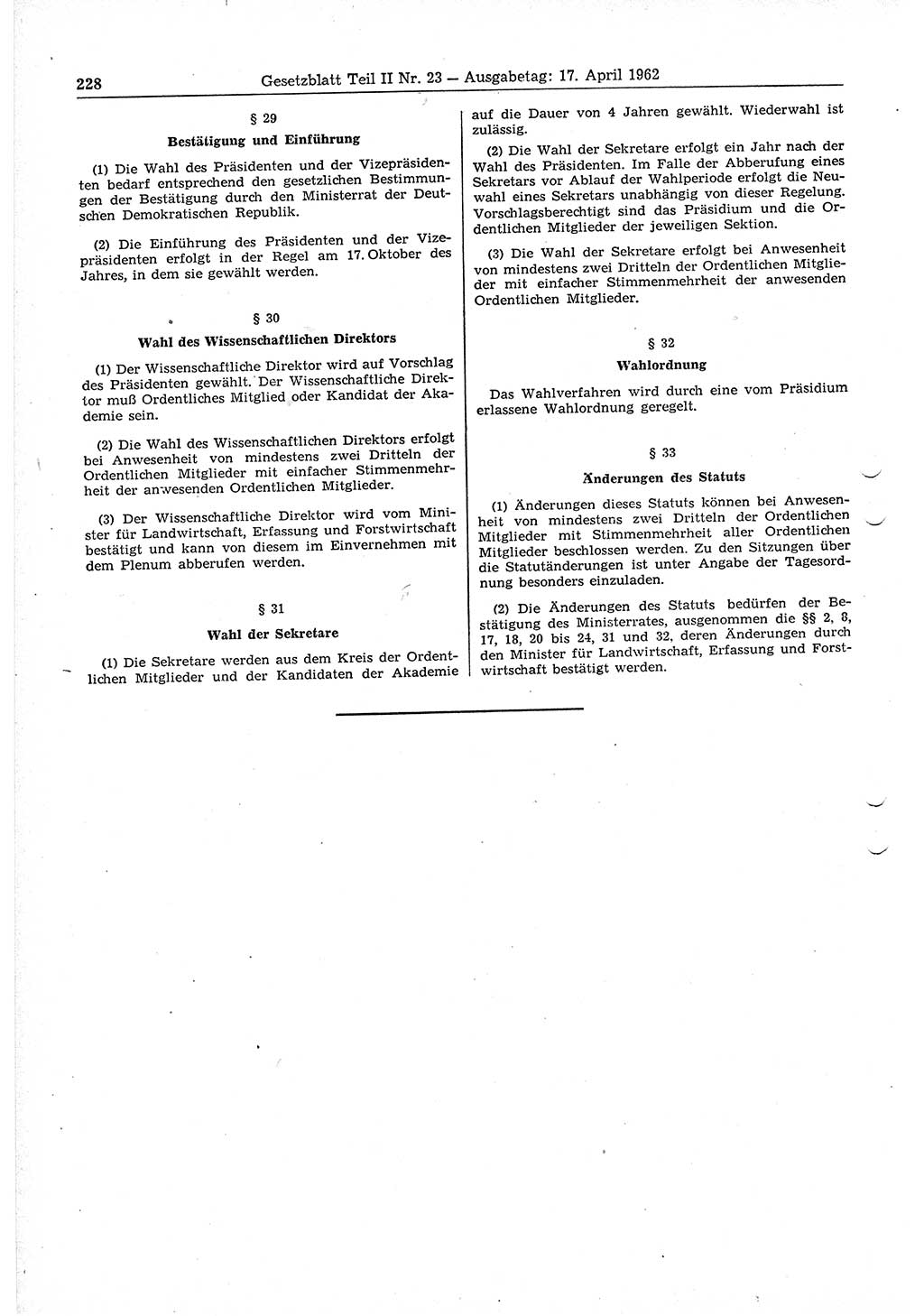 Gesetzblatt (GBl.) der Deutschen Demokratischen Republik (DDR) Teil ⅠⅠ 1962, Seite 228 (GBl. DDR ⅠⅠ 1962, S. 228)