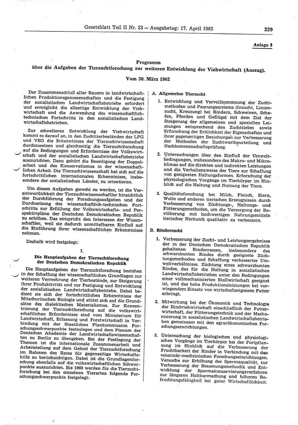 Gesetzblatt (GBl.) der Deutschen Demokratischen Republik (DDR) Teil ⅠⅠ 1962, Seite 229 (GBl. DDR ⅠⅠ 1962, S. 229)