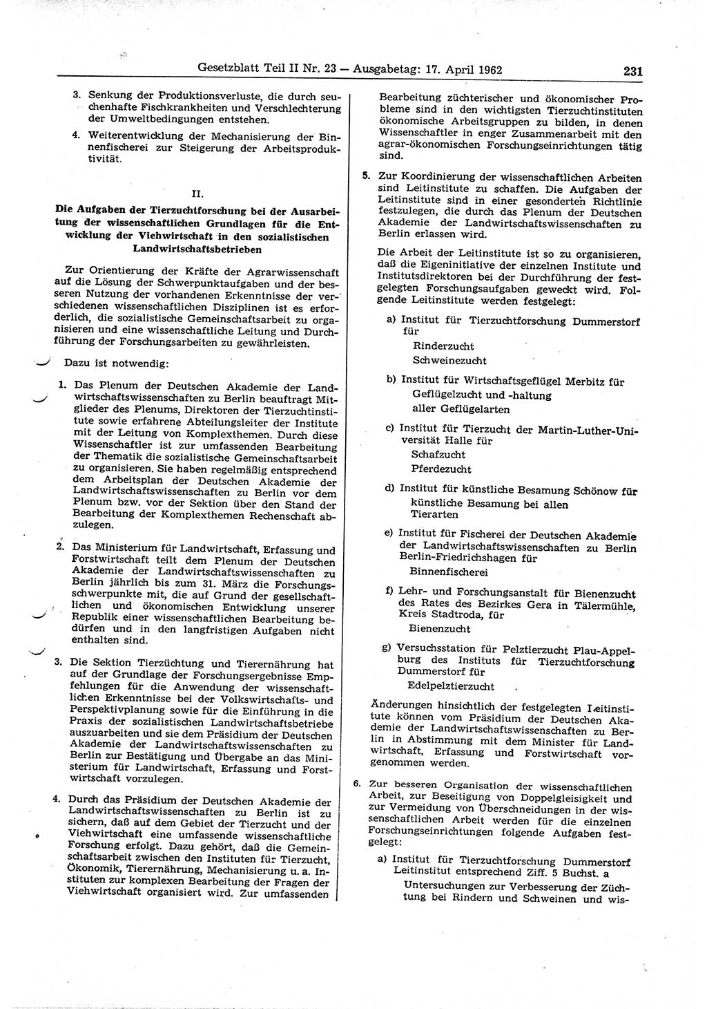 Gesetzblatt (GBl.) der Deutschen Demokratischen Republik (DDR) Teil ⅠⅠ 1962, Seite 231 (GBl. DDR ⅠⅠ 1962, S. 231)