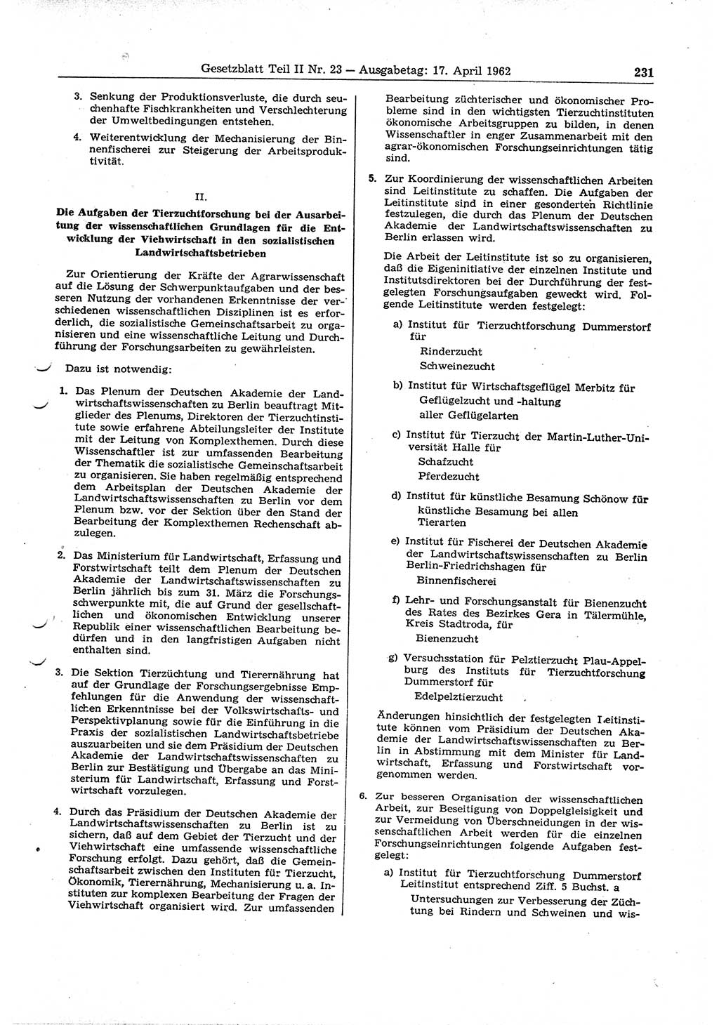 Gesetzblatt (GBl.) der Deutschen Demokratischen Republik (DDR) Teil ⅠⅠ 1962, Seite 231 (GBl. DDR ⅠⅠ 1962, S. 231)