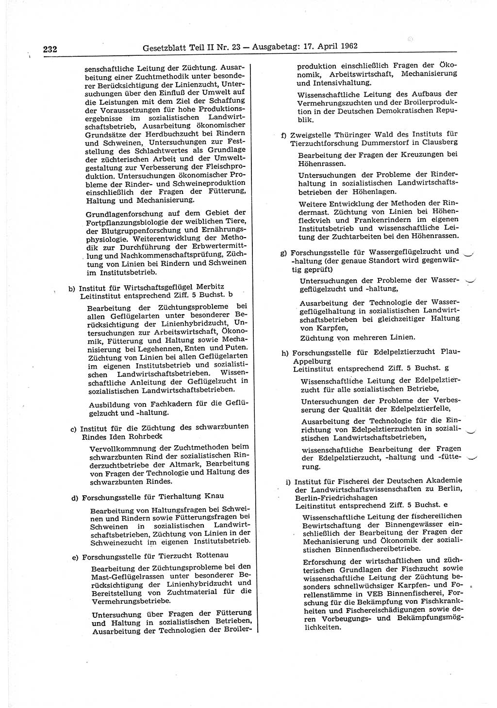 Gesetzblatt (GBl.) der Deutschen Demokratischen Republik (DDR) Teil ⅠⅠ 1962, Seite 232 (GBl. DDR ⅠⅠ 1962, S. 232)