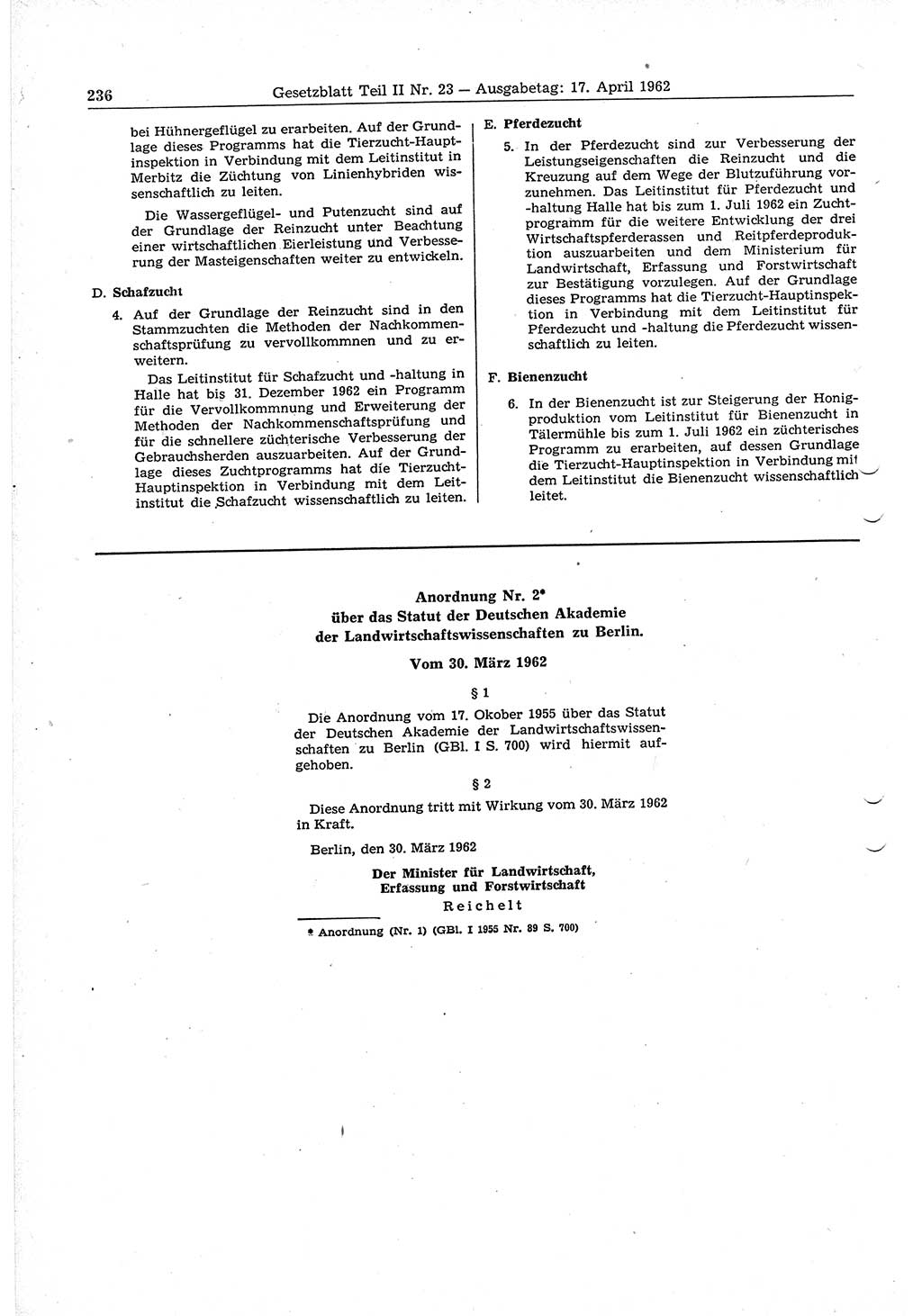 Gesetzblatt (GBl.) der Deutschen Demokratischen Republik (DDR) Teil ⅠⅠ 1962, Seite 236 (GBl. DDR ⅠⅠ 1962, S. 236)