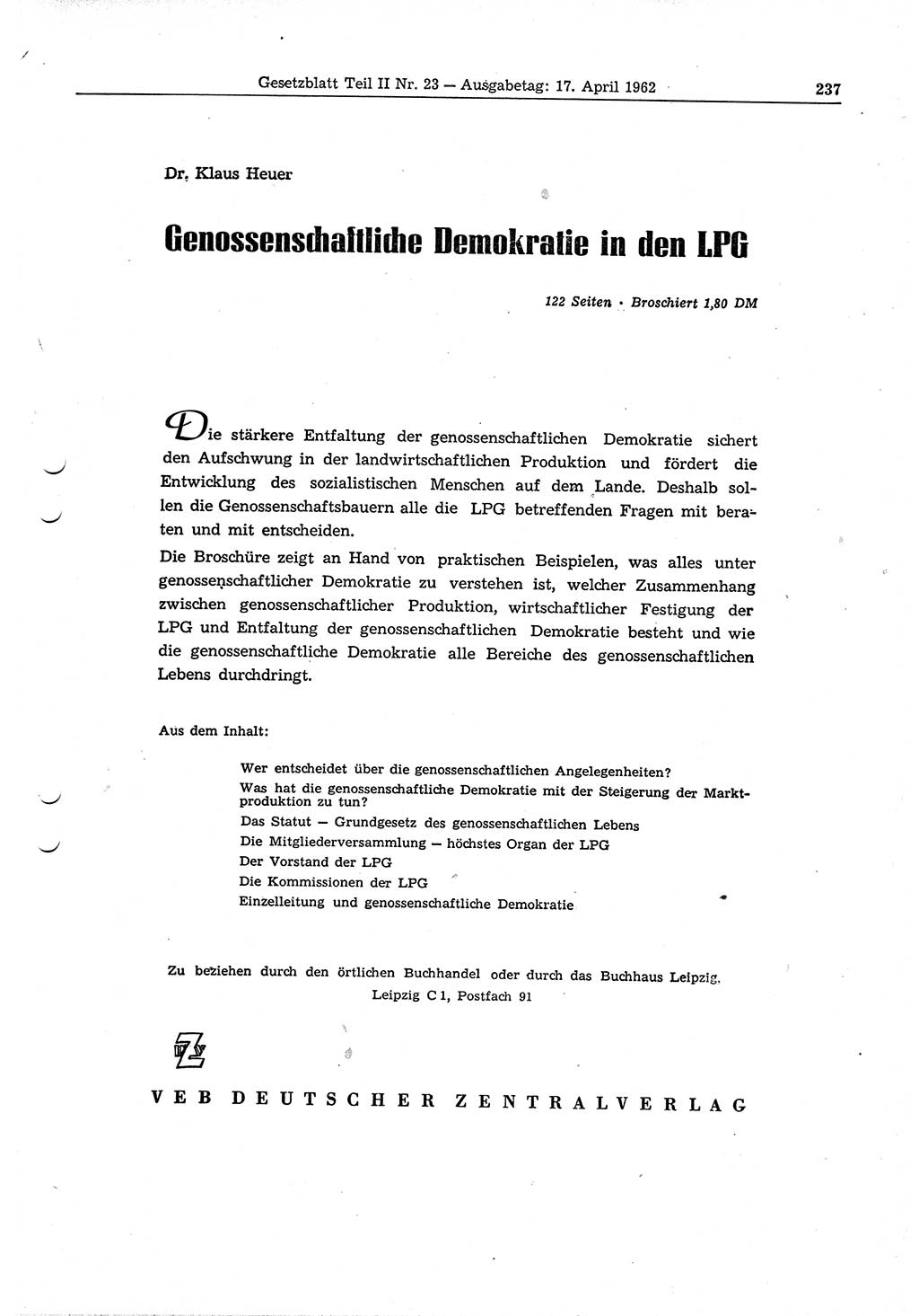 Gesetzblatt (GBl.) der Deutschen Demokratischen Republik (DDR) Teil ⅠⅠ 1962, Seite 237 (GBl. DDR ⅠⅠ 1962, S. 237)