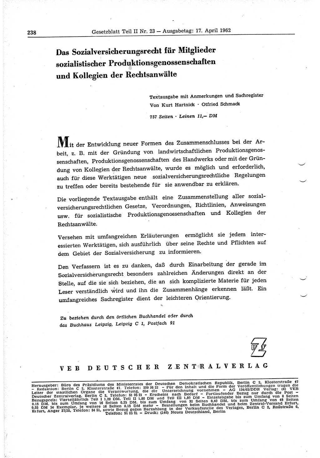 Gesetzblatt (GBl.) der Deutschen Demokratischen Republik (DDR) Teil ⅠⅠ 1962, Seite 238 (GBl. DDR ⅠⅠ 1962, S. 238)
