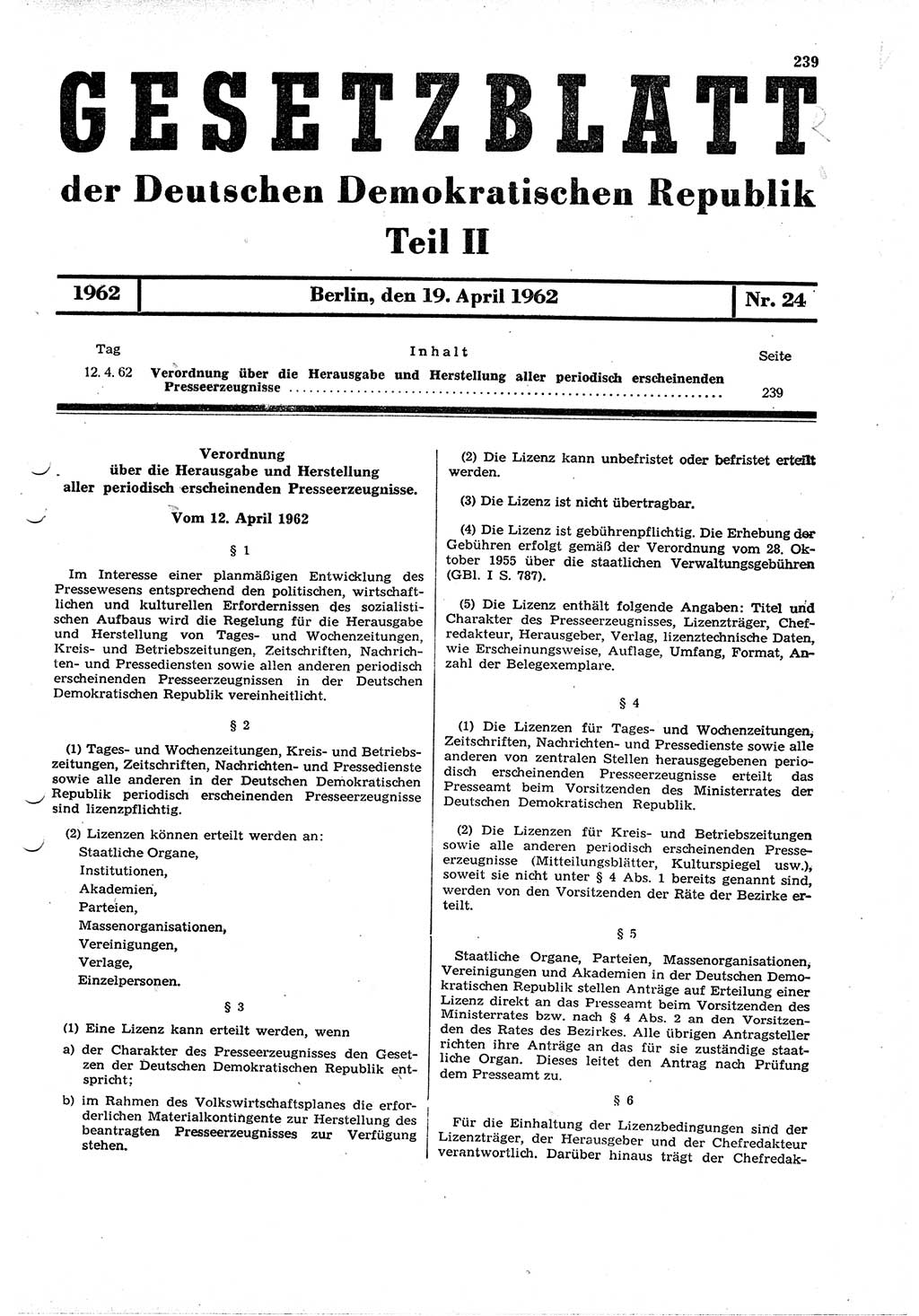 Gesetzblatt (GBl.) der Deutschen Demokratischen Republik (DDR) Teil ⅠⅠ 1962, Seite 239 (GBl. DDR ⅠⅠ 1962, S. 239)