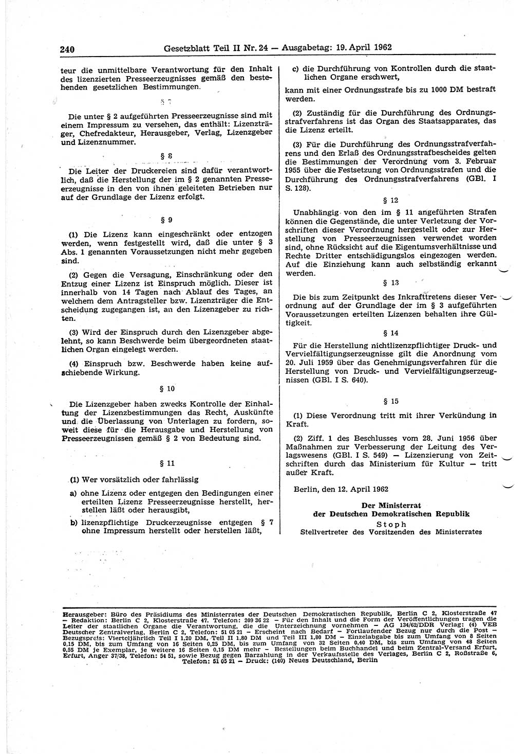 Gesetzblatt (GBl.) der Deutschen Demokratischen Republik (DDR) Teil ⅠⅠ 1962, Seite 240 (GBl. DDR ⅠⅠ 1962, S. 240)