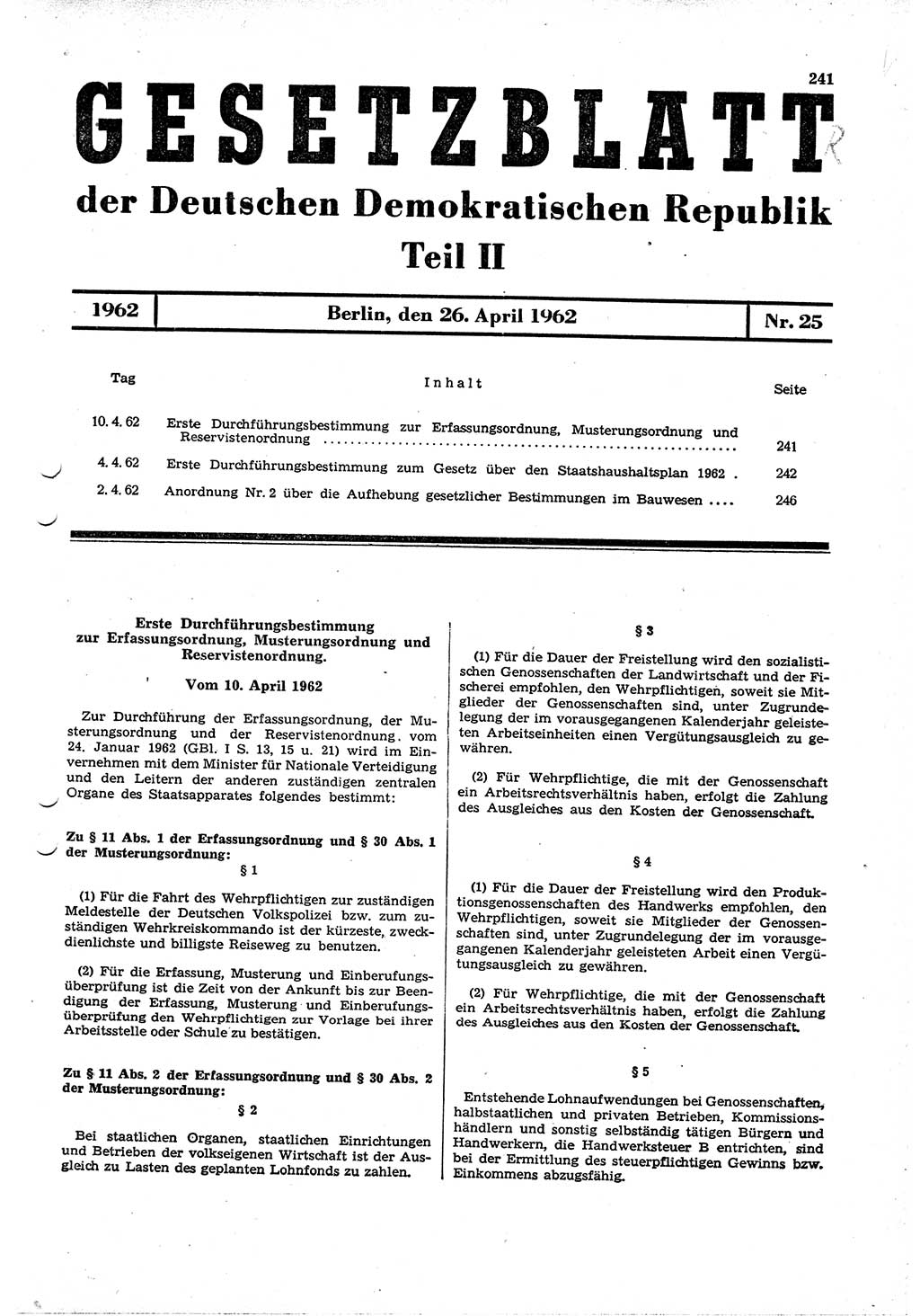Gesetzblatt (GBl.) der Deutschen Demokratischen Republik (DDR) Teil ⅠⅠ 1962, Seite 241 (GBl. DDR ⅠⅠ 1962, S. 241)