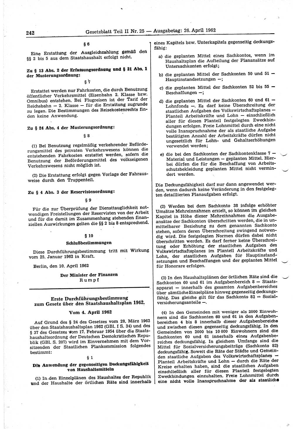 Gesetzblatt (GBl.) der Deutschen Demokratischen Republik (DDR) Teil ⅠⅠ 1962, Seite 242 (GBl. DDR ⅠⅠ 1962, S. 242)