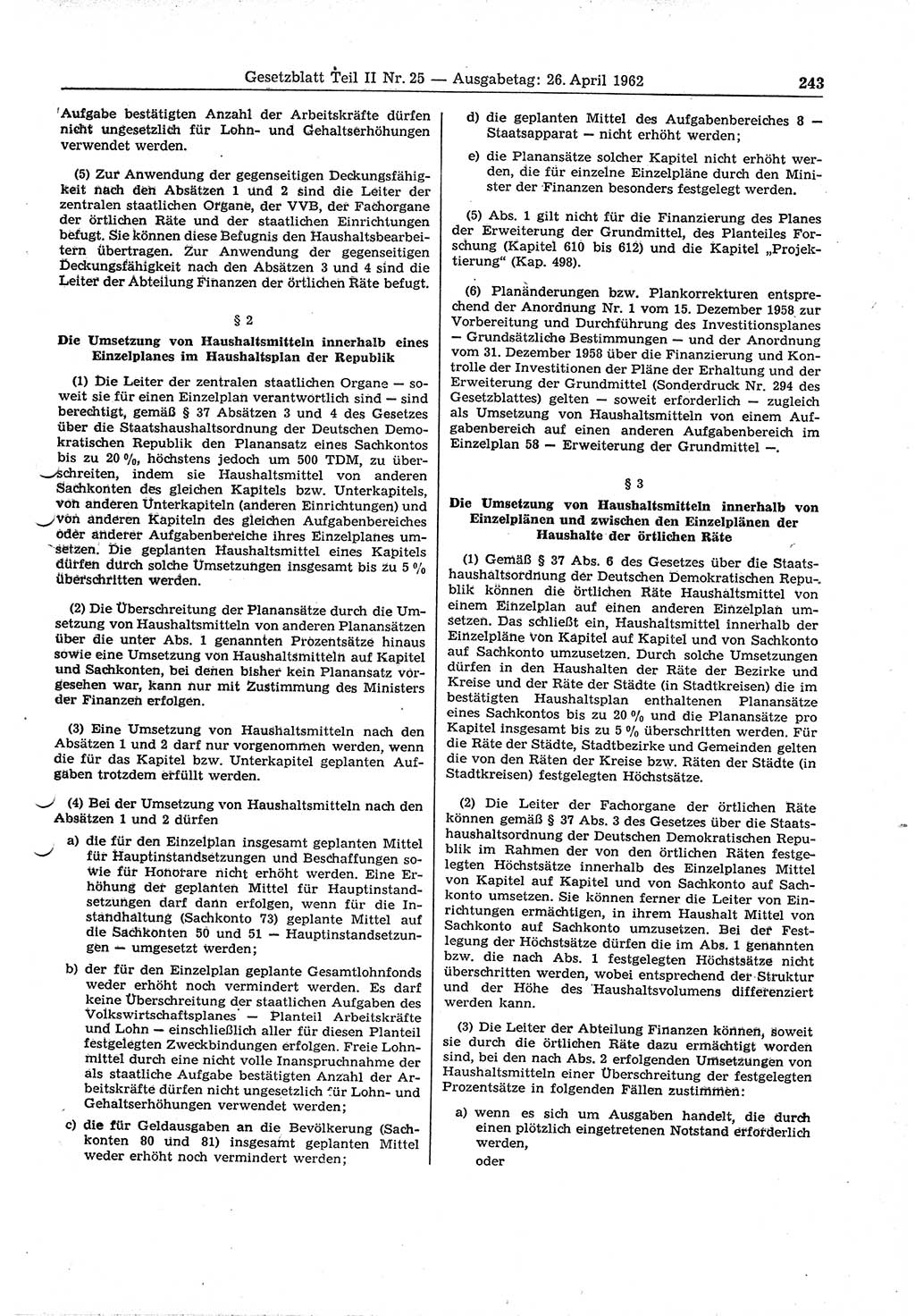 Gesetzblatt (GBl.) der Deutschen Demokratischen Republik (DDR) Teil ⅠⅠ 1962, Seite 243 (GBl. DDR ⅠⅠ 1962, S. 243)