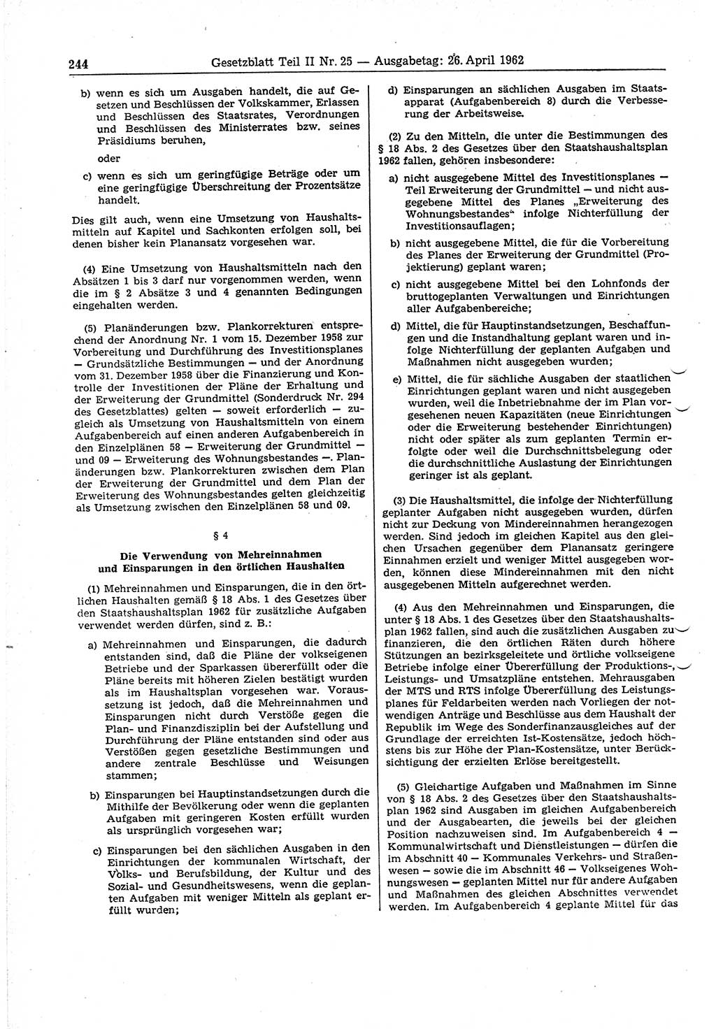 Gesetzblatt (GBl.) der Deutschen Demokratischen Republik (DDR) Teil ⅠⅠ 1962, Seite 244 (GBl. DDR ⅠⅠ 1962, S. 244)