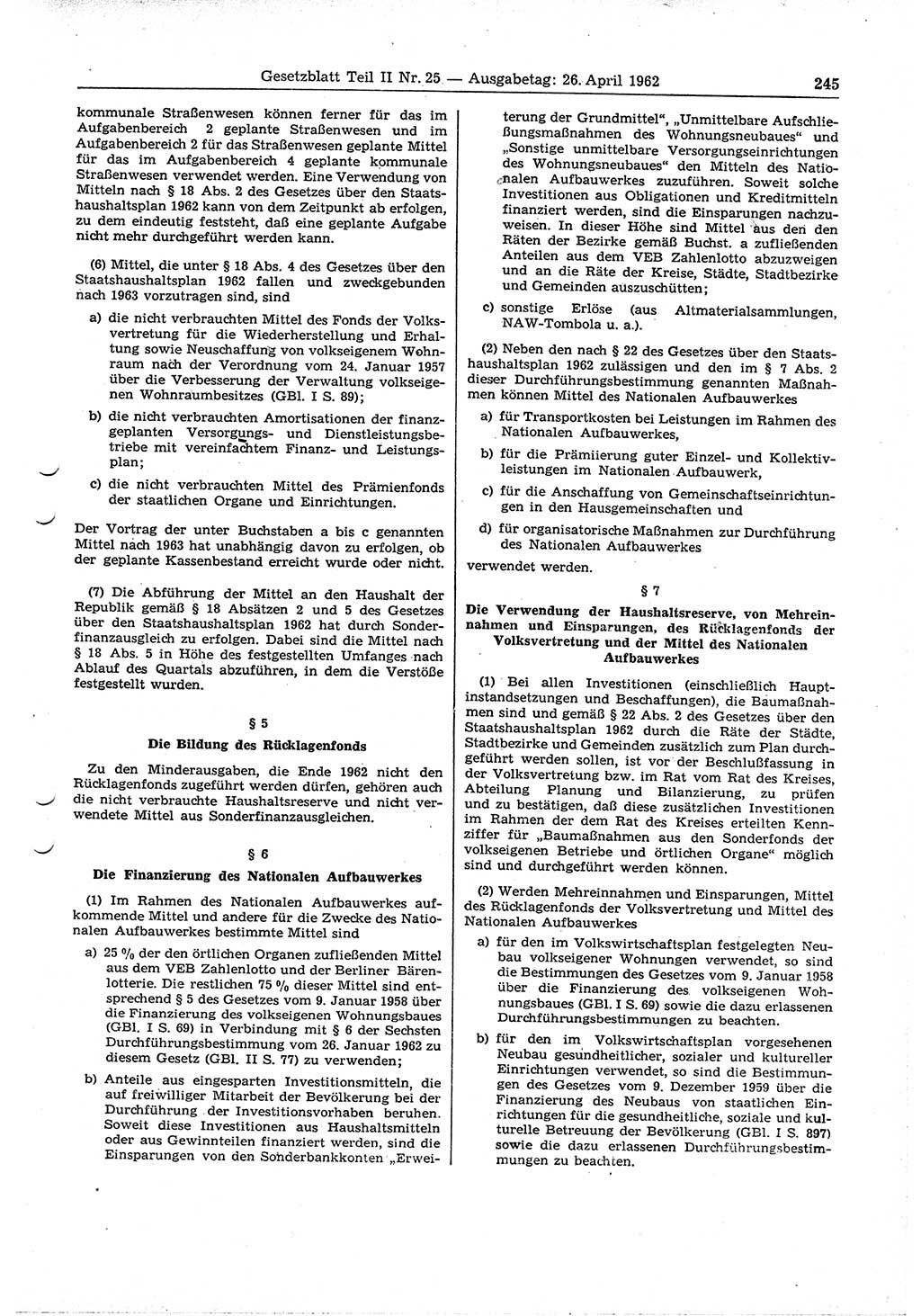 Gesetzblatt (GBl.) der Deutschen Demokratischen Republik (DDR) Teil ⅠⅠ 1962, Seite 245 (GBl. DDR ⅠⅠ 1962, S. 245)