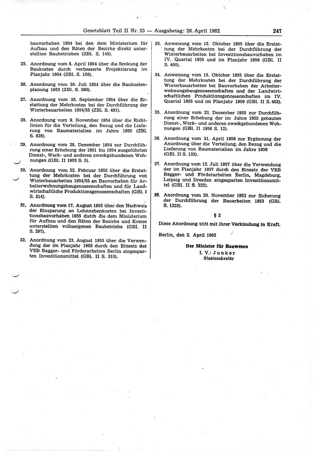 Gesetzblatt (GBl.) der Deutschen Demokratischen Republik (DDR) Teil ⅠⅠ 1962, Seite 247 (GBl. DDR ⅠⅠ 1962, S. 247)