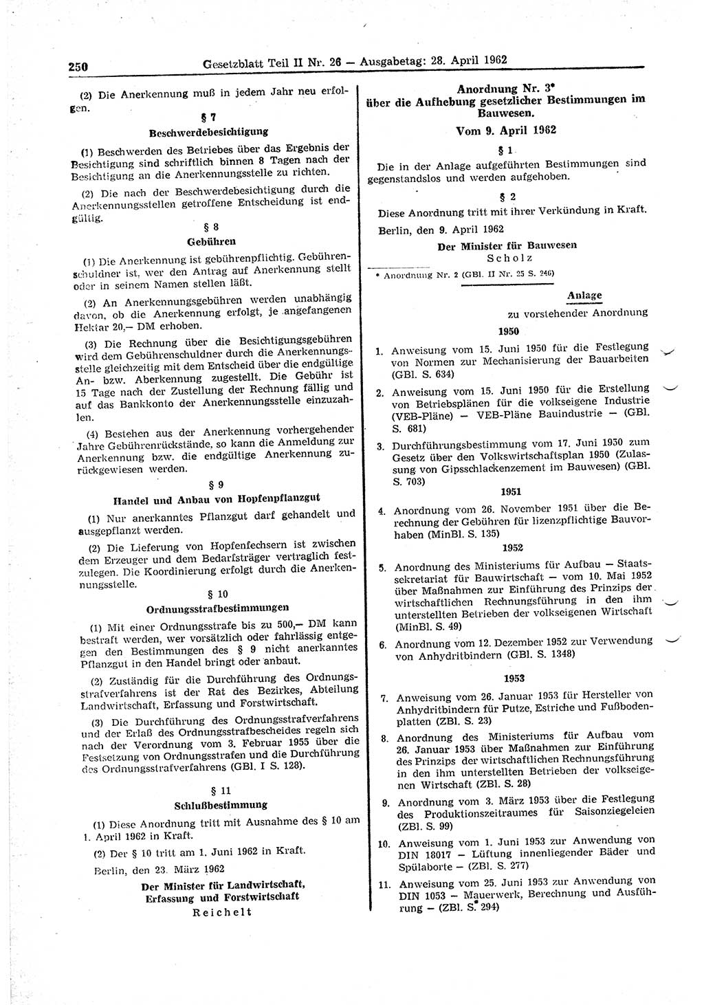 Gesetzblatt (GBl.) der Deutschen Demokratischen Republik (DDR) Teil ⅠⅠ 1962, Seite 250 (GBl. DDR ⅠⅠ 1962, S. 250)