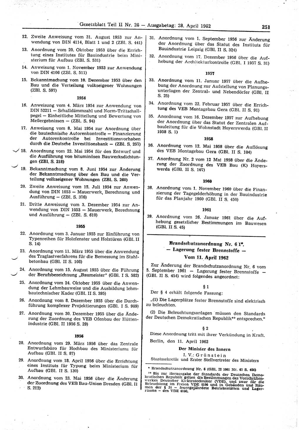 Gesetzblatt (GBl.) der Deutschen Demokratischen Republik (DDR) Teil ⅠⅠ 1962, Seite 251 (GBl. DDR ⅠⅠ 1962, S. 251)