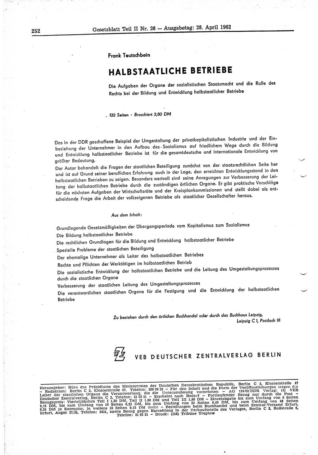 Gesetzblatt (GBl.) der Deutschen Demokratischen Republik (DDR) Teil ⅠⅠ 1962, Seite 252 (GBl. DDR ⅠⅠ 1962, S. 252)