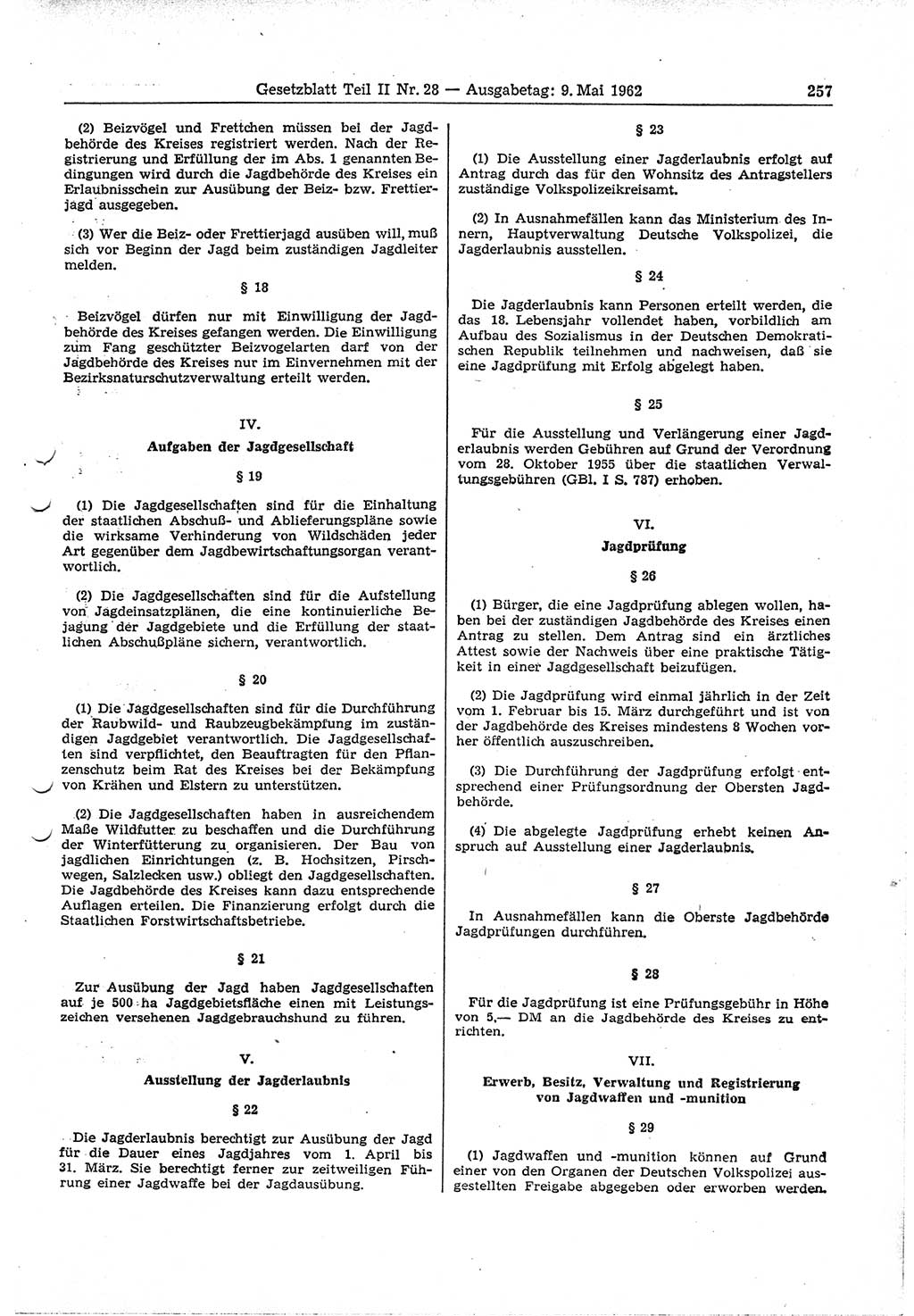 Gesetzblatt (GBl.) der Deutschen Demokratischen Republik (DDR) Teil ⅠⅠ 1962, Seite 257 (GBl. DDR ⅠⅠ 1962, S. 257)