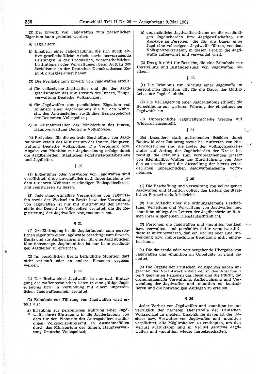 Gesetzblatt (GBl.) der Deutschen Demokratischen Republik (DDR) Teil ⅠⅠ 1962, Seite 258 (GBl. DDR ⅠⅠ 1962, S. 258)
