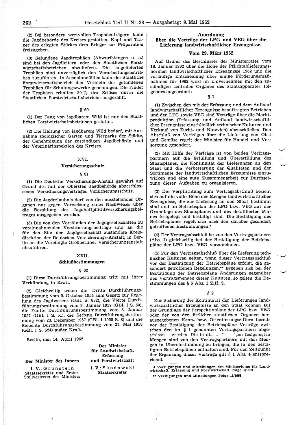 Gesetzblatt (GBl.) der Deutschen Demokratischen Republik (DDR) Teil â… â… 1962, Seite 262 (GBl. DDR â… â… 1962, S. 262)