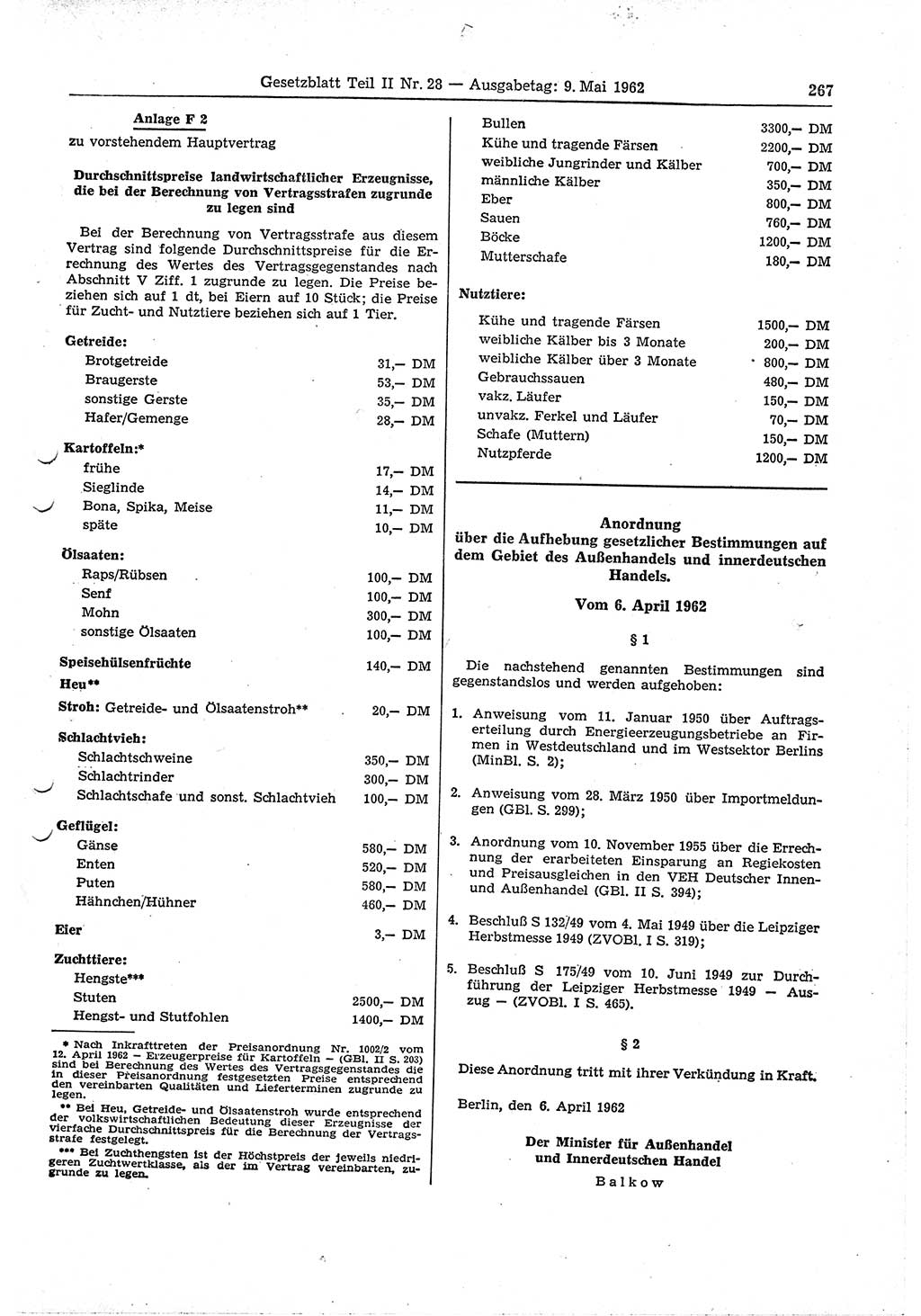 Gesetzblatt (GBl.) der Deutschen Demokratischen Republik (DDR) Teil ⅠⅠ 1962, Seite 267 (GBl. DDR ⅠⅠ 1962, S. 267)