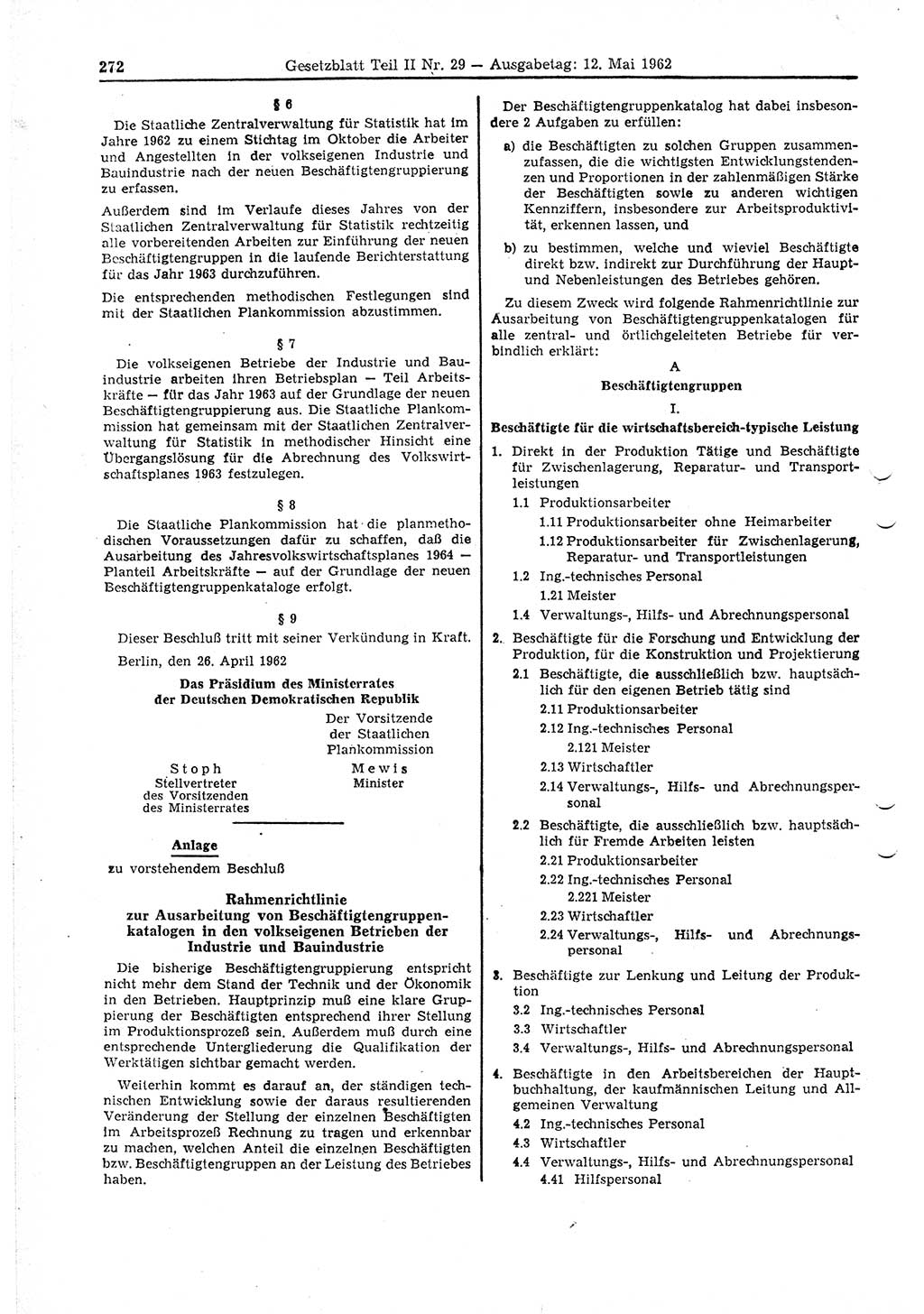 Gesetzblatt (GBl.) der Deutschen Demokratischen Republik (DDR) Teil ⅠⅠ 1962, Seite 272 (GBl. DDR ⅠⅠ 1962, S. 272)