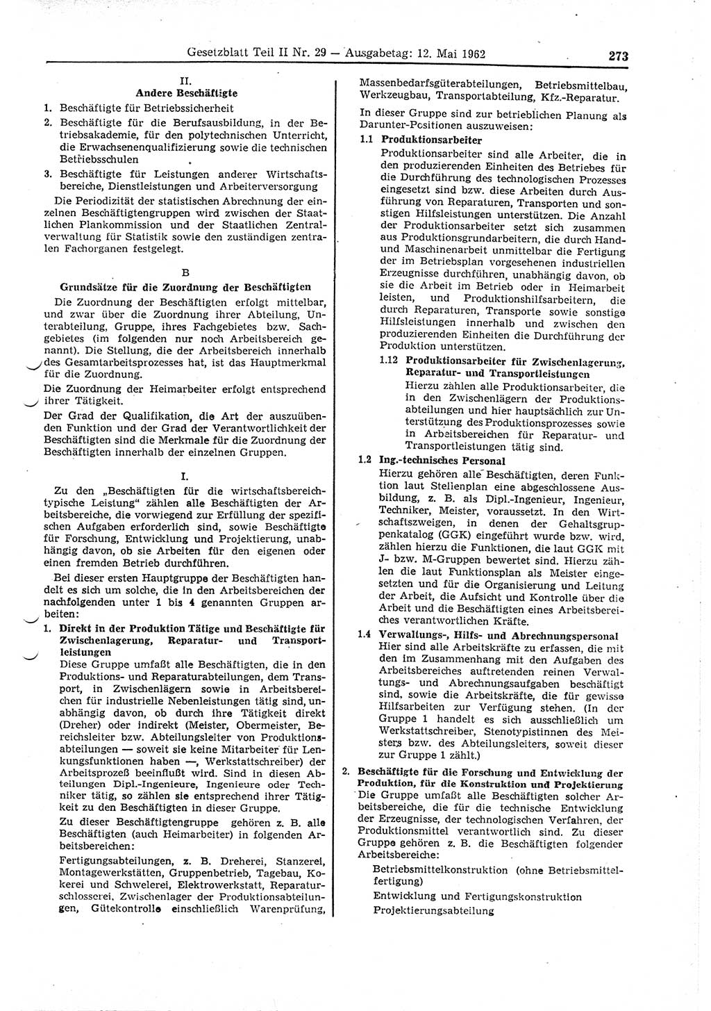 Gesetzblatt (GBl.) der Deutschen Demokratischen Republik (DDR) Teil ⅠⅠ 1962, Seite 273 (GBl. DDR ⅠⅠ 1962, S. 273)
