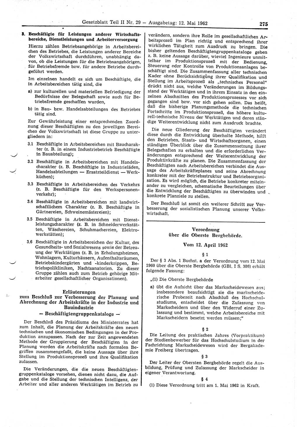 Gesetzblatt (GBl.) der Deutschen Demokratischen Republik (DDR) Teil ⅠⅠ 1962, Seite 275 (GBl. DDR ⅠⅠ 1962, S. 275)