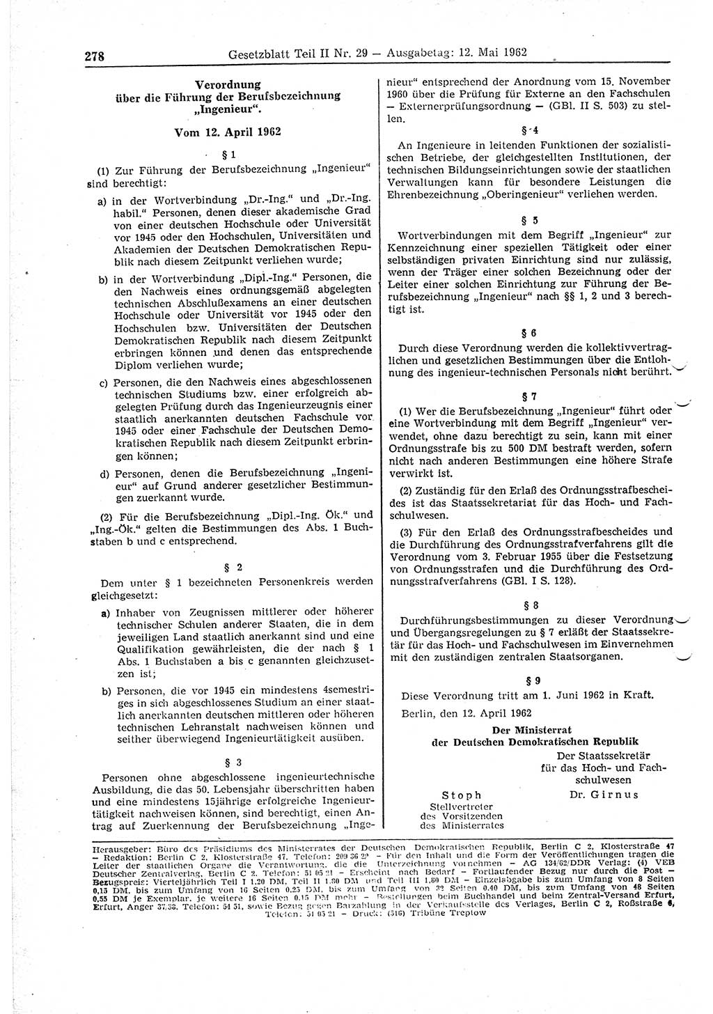 Gesetzblatt (GBl.) der Deutschen Demokratischen Republik (DDR) Teil ⅠⅠ 1962, Seite 278 (GBl. DDR ⅠⅠ 1962, S. 278)