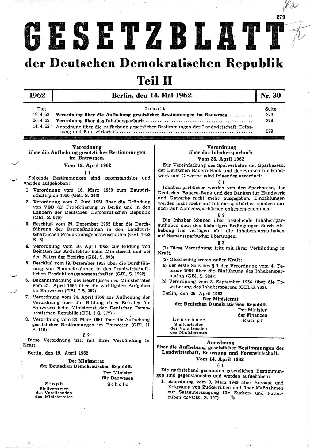 Gesetzblatt (GBl.) der Deutschen Demokratischen Republik (DDR) Teil ⅠⅠ 1962, Seite 279 (GBl. DDR ⅠⅠ 1962, S. 279)