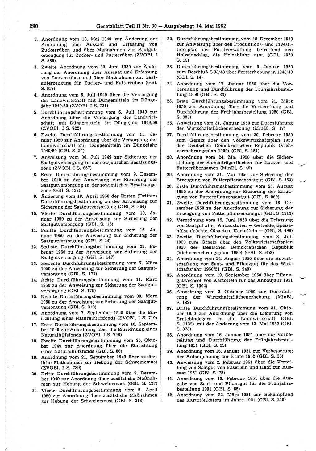 Gesetzblatt (GBl.) der Deutschen Demokratischen Republik (DDR) Teil ⅠⅠ 1962, Seite 280 (GBl. DDR ⅠⅠ 1962, S. 280)