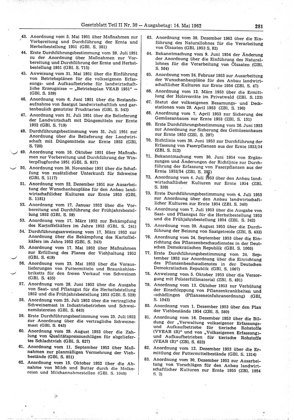 Gesetzblatt (GBl.) der Deutschen Demokratischen Republik (DDR) Teil ⅠⅠ 1962, Seite 281 (GBl. DDR ⅠⅠ 1962, S. 281)