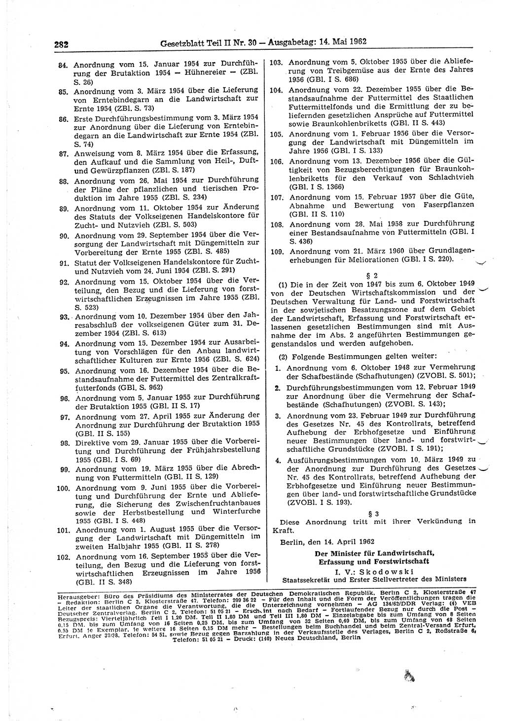 Gesetzblatt (GBl.) der Deutschen Demokratischen Republik (DDR) Teil ⅠⅠ 1962, Seite 282 (GBl. DDR ⅠⅠ 1962, S. 282)