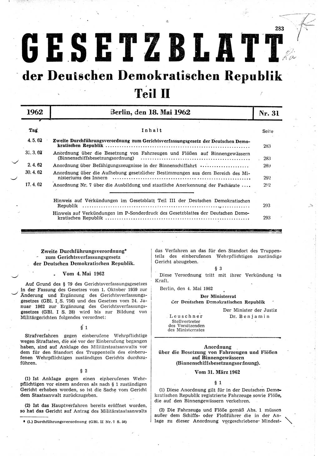 Gesetzblatt (GBl.) der Deutschen Demokratischen Republik (DDR) Teil ⅠⅠ 1962, Seite 283 (GBl. DDR ⅠⅠ 1962, S. 283)