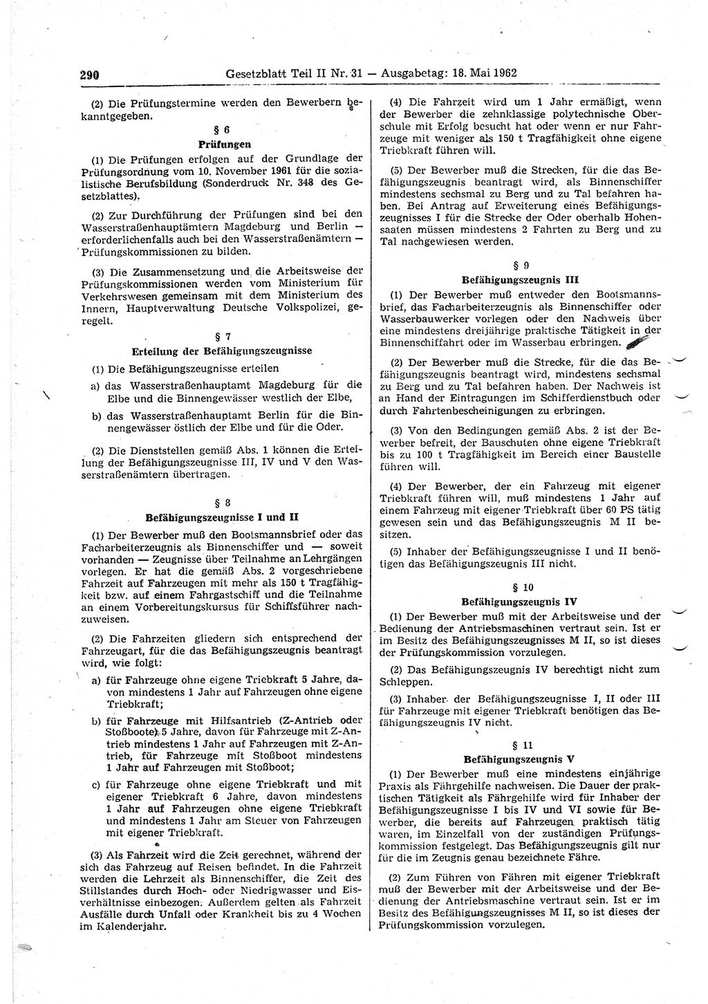 Gesetzblatt (GBl.) der Deutschen Demokratischen Republik (DDR) Teil ⅠⅠ 1962, Seite 290 (GBl. DDR ⅠⅠ 1962, S. 290)