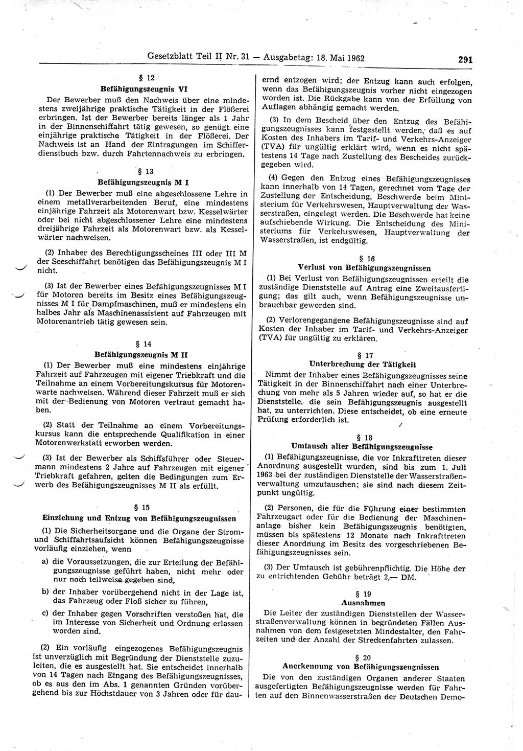 Gesetzblatt (GBl.) der Deutschen Demokratischen Republik (DDR) Teil ⅠⅠ 1962, Seite 291 (GBl. DDR ⅠⅠ 1962, S. 291)