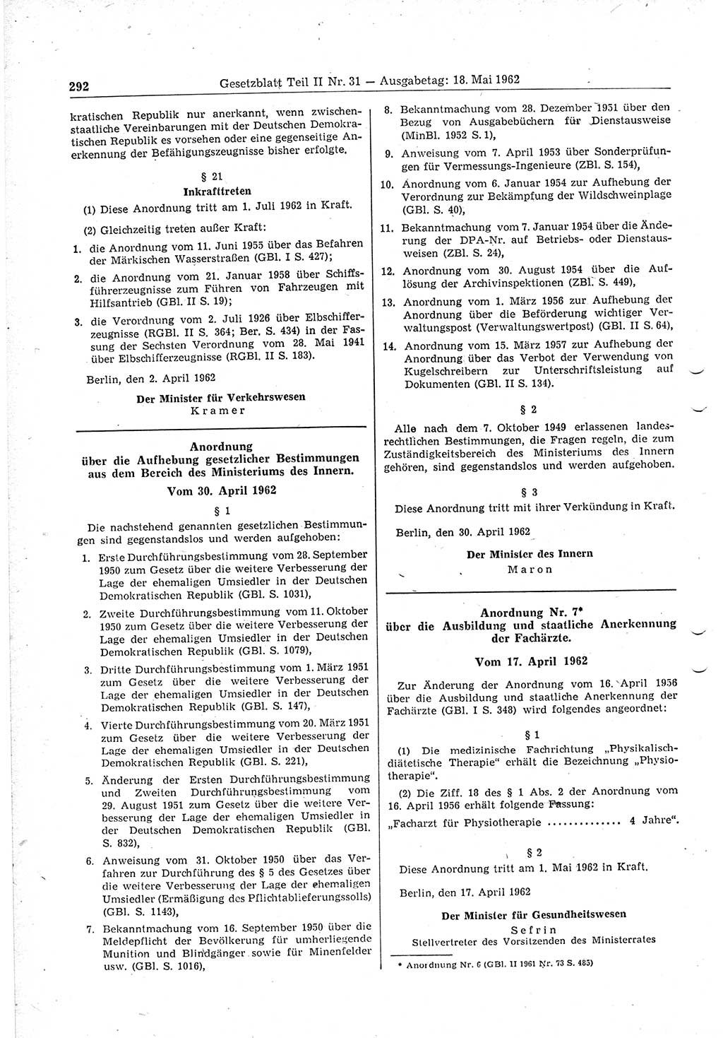 Gesetzblatt (GBl.) der Deutschen Demokratischen Republik (DDR) Teil ⅠⅠ 1962, Seite 292 (GBl. DDR ⅠⅠ 1962, S. 292)