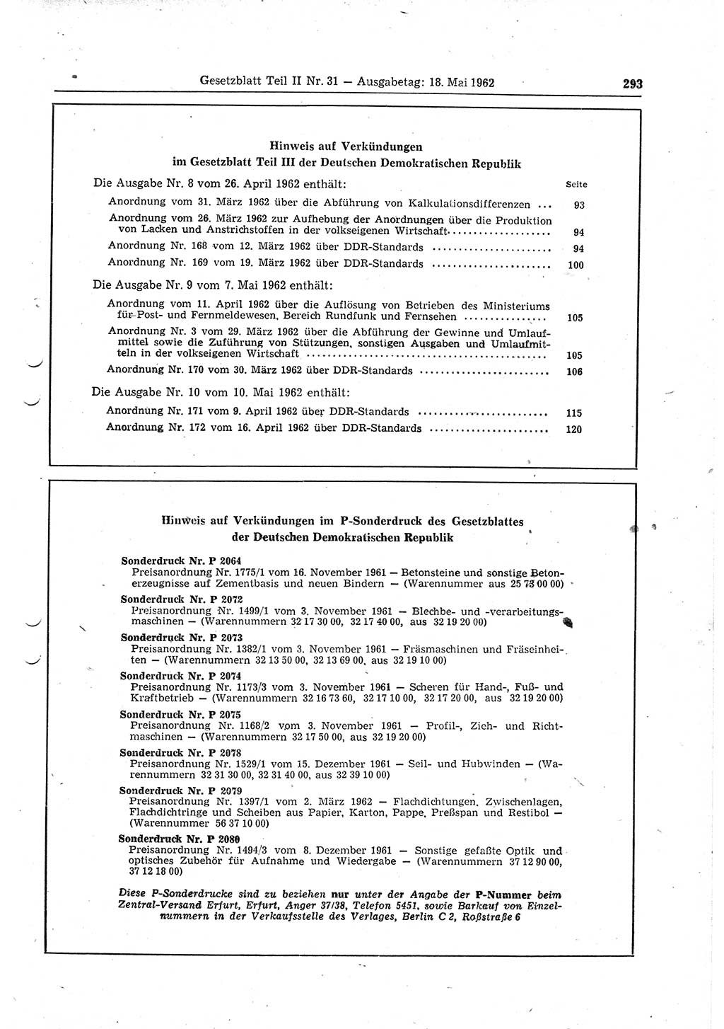Gesetzblatt (GBl.) der Deutschen Demokratischen Republik (DDR) Teil ⅠⅠ 1962, Seite 293 (GBl. DDR ⅠⅠ 1962, S. 293)
