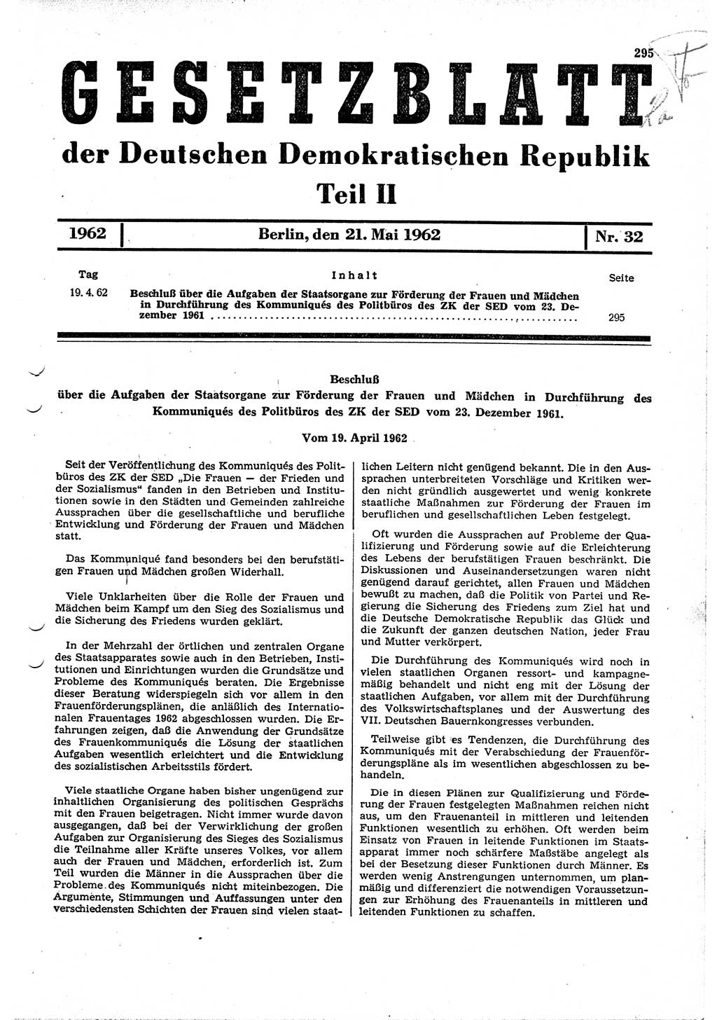 Gesetzblatt (GBl.) der Deutschen Demokratischen Republik (DDR) Teil ⅠⅠ 1962, Seite 295 (GBl. DDR ⅠⅠ 1962, S. 295)
