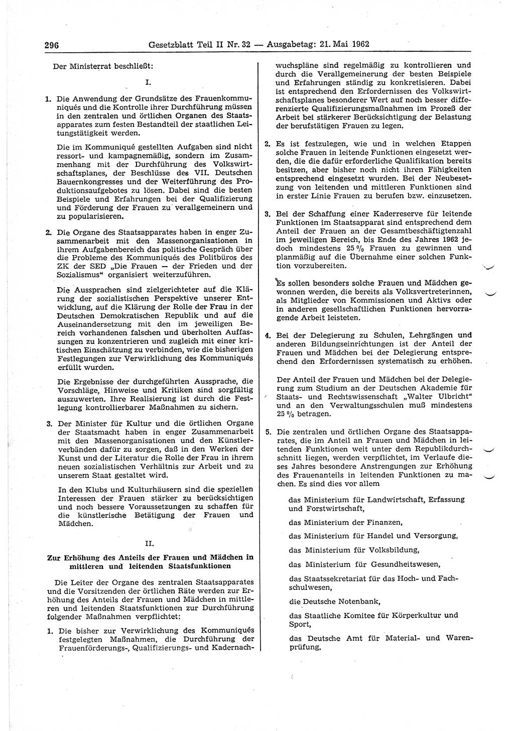 Gesetzblatt (GBl.) der Deutschen Demokratischen Republik (DDR) Teil ⅠⅠ 1962, Seite 296 (GBl. DDR ⅠⅠ 1962, S. 296)