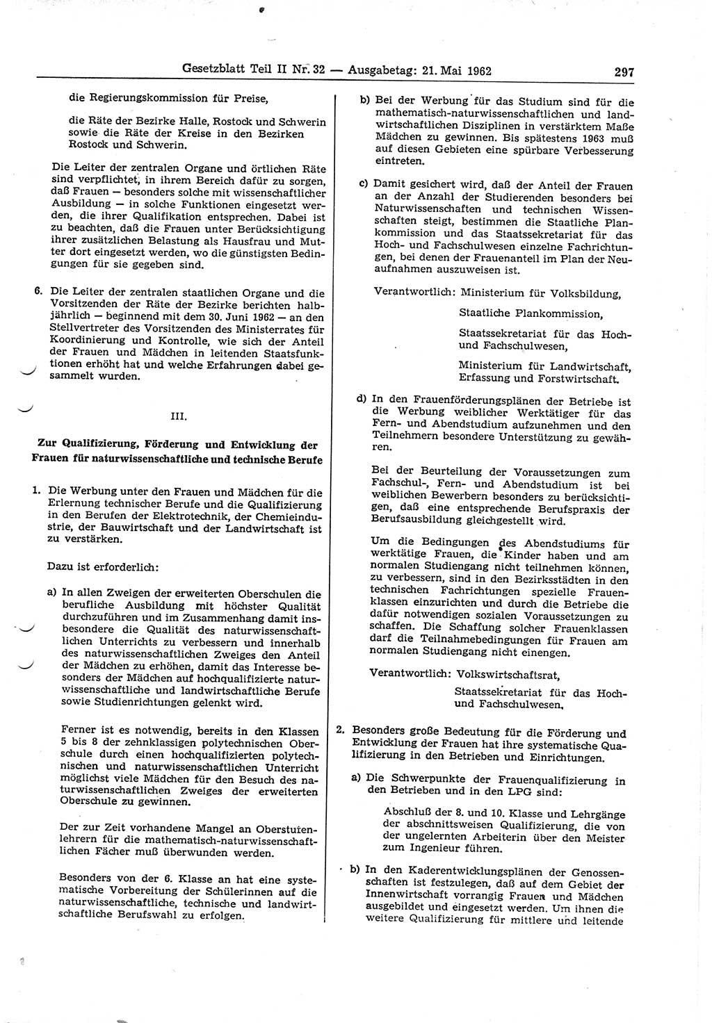 Gesetzblatt (GBl.) der Deutschen Demokratischen Republik (DDR) Teil ⅠⅠ 1962, Seite 297 (GBl. DDR ⅠⅠ 1962, S. 297)