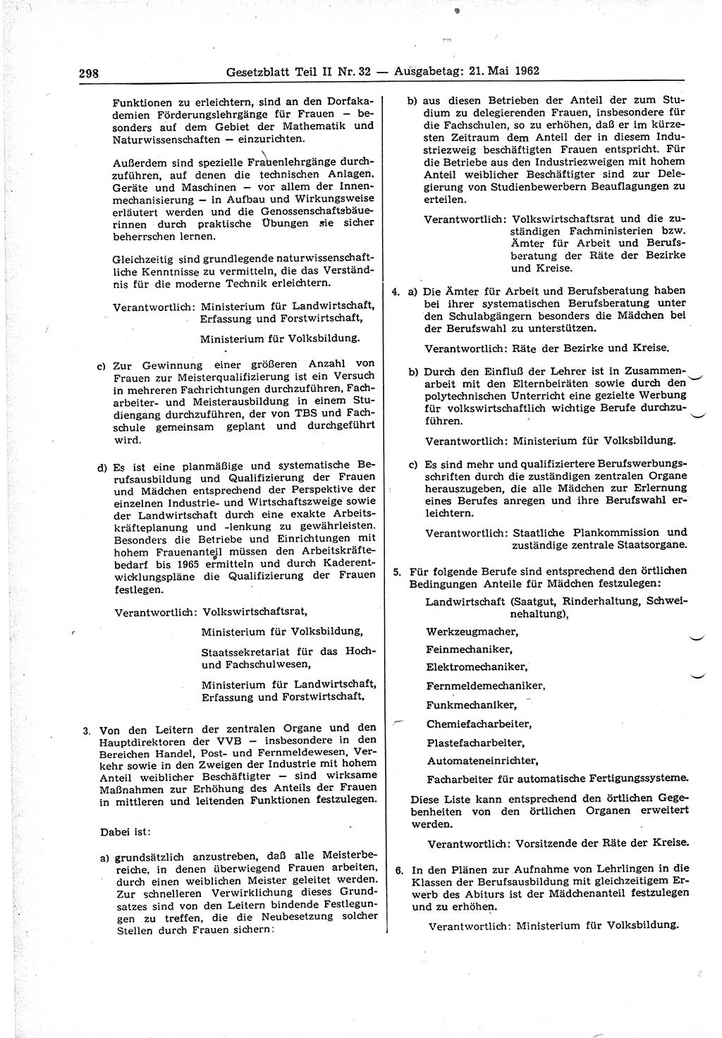 Gesetzblatt (GBl.) der Deutschen Demokratischen Republik (DDR) Teil ⅠⅠ 1962, Seite 298 (GBl. DDR ⅠⅠ 1962, S. 298)