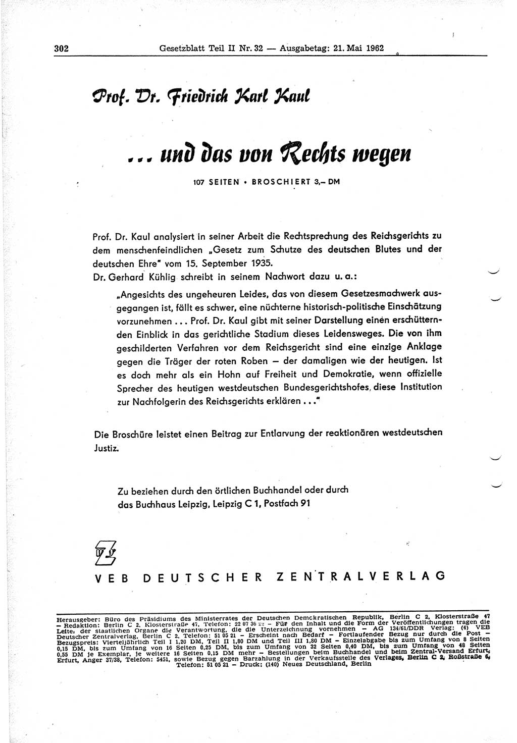 Gesetzblatt (GBl.) der Deutschen Demokratischen Republik (DDR) Teil ⅠⅠ 1962, Seite 302 (GBl. DDR ⅠⅠ 1962, S. 302)