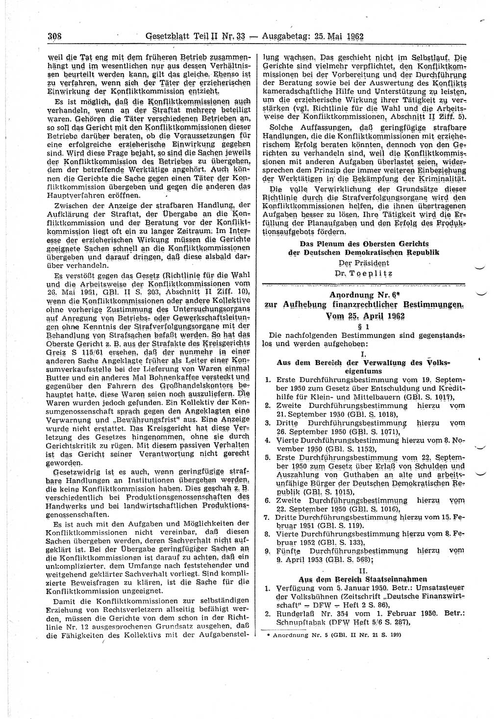 Gesetzblatt (GBl.) der Deutschen Demokratischen Republik (DDR) Teil ⅠⅠ 1962, Seite 308 (GBl. DDR ⅠⅠ 1962, S. 308)